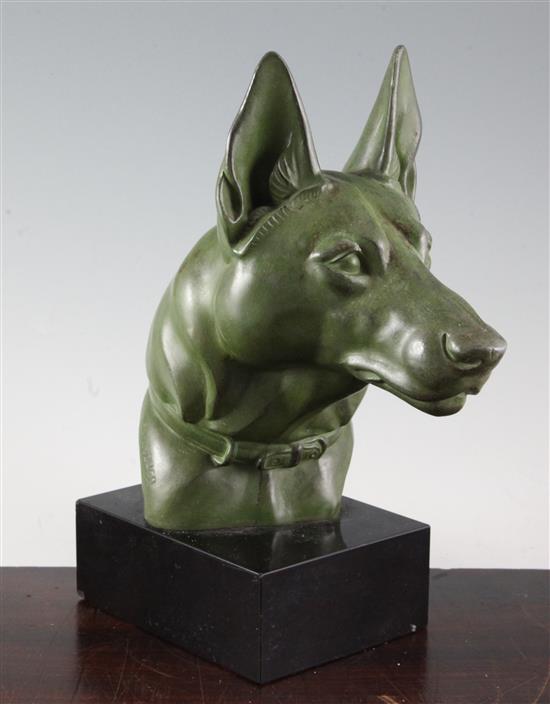 M. Leducq. An Art Deco bronzed spelter model of the head of an Alsatian, height 12.25in.